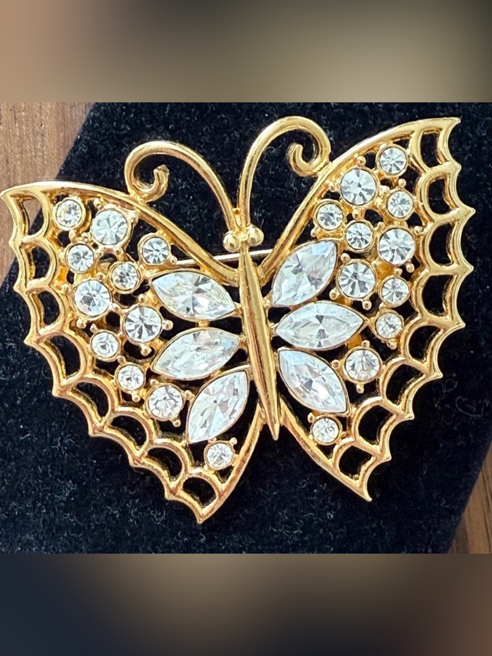 Reviere Butterfly Rhinestone Brooch Gold Tone Designer Pin Insect